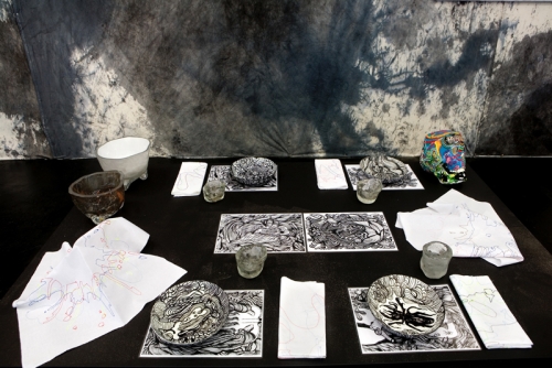 Ogar Grafe: Polispiritistische Dekorationen (Urknallmutterkornmutter), plate and laminated photocopies; Nada Sebesty?n: whiskey glasses; Ursula D?bereiner:  flecken, servicing set